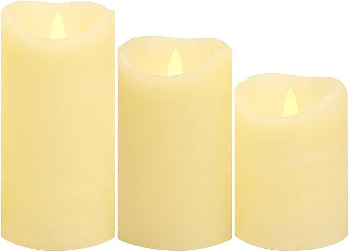 Battery Operated Flameless Candles with Timer Real Wax Realistic Flickering Electric LED Pillars Automatic Built-in Daily Cycle Timer 6-Hour on 18-Hour Off Set of 3 Rustic Texture Ivory
