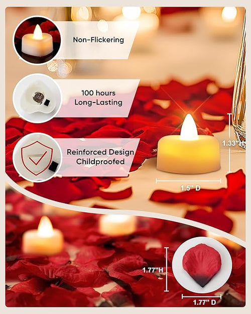 2000 Pieces Artificial Rose Petals with 24 Heart LED Tea Lights Candles Kit, Rose Petals and Candles Set for Proposal, Anniversary, Special Romantic Night, Wedding Table Decor, Birthday